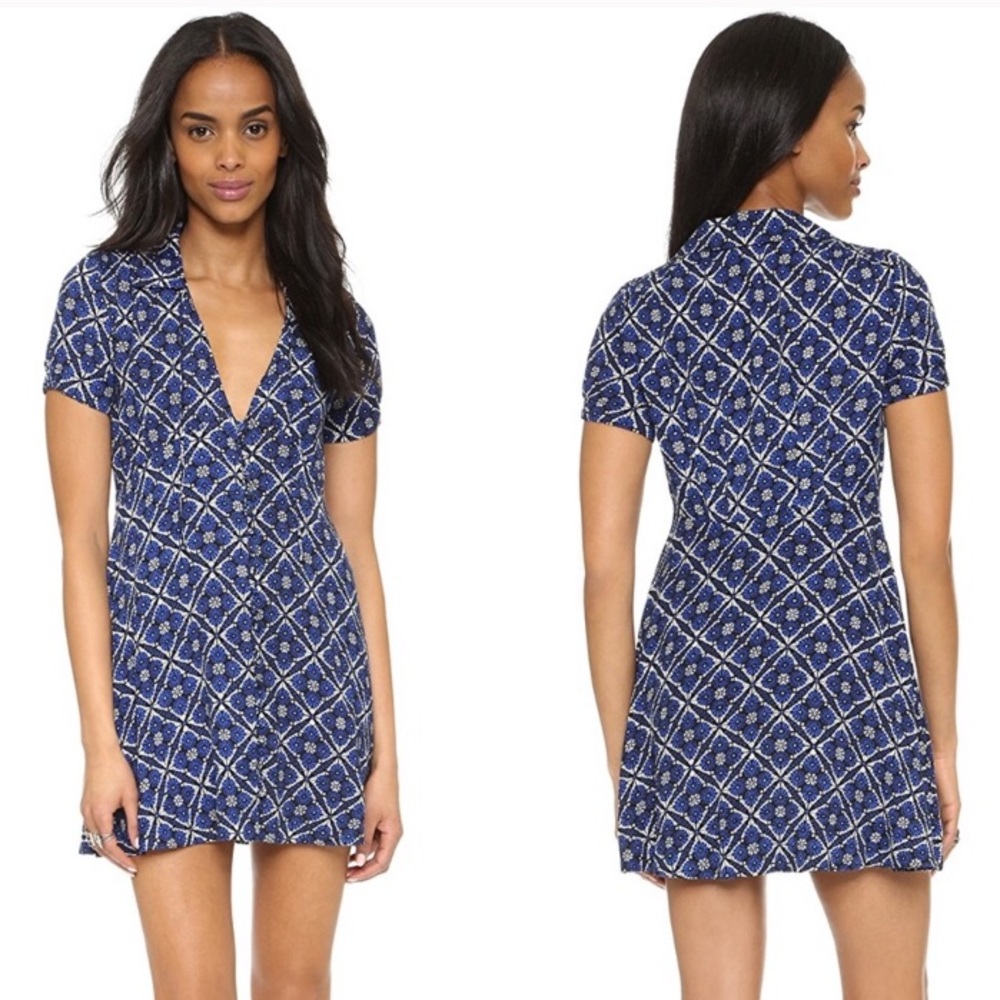 Free People Melody Print Mini Dress Blue Shirt Collar Swing Babydoll Polo Y2K